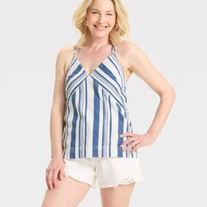 Universal Thread Denim Halter Top Blue White Stripe Straps Size M